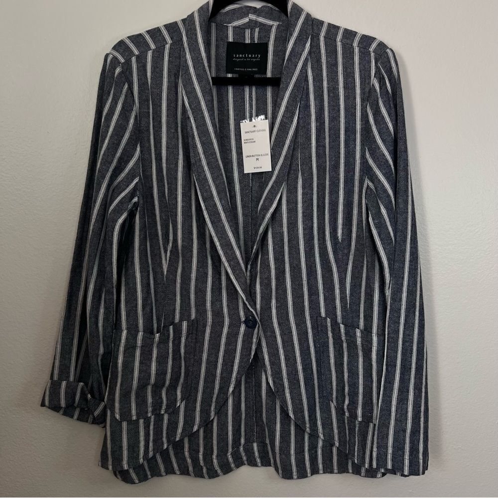 NWT Sanctuary Striped Linen Blend Blazer Single Breast One Button Blue Sz Medium